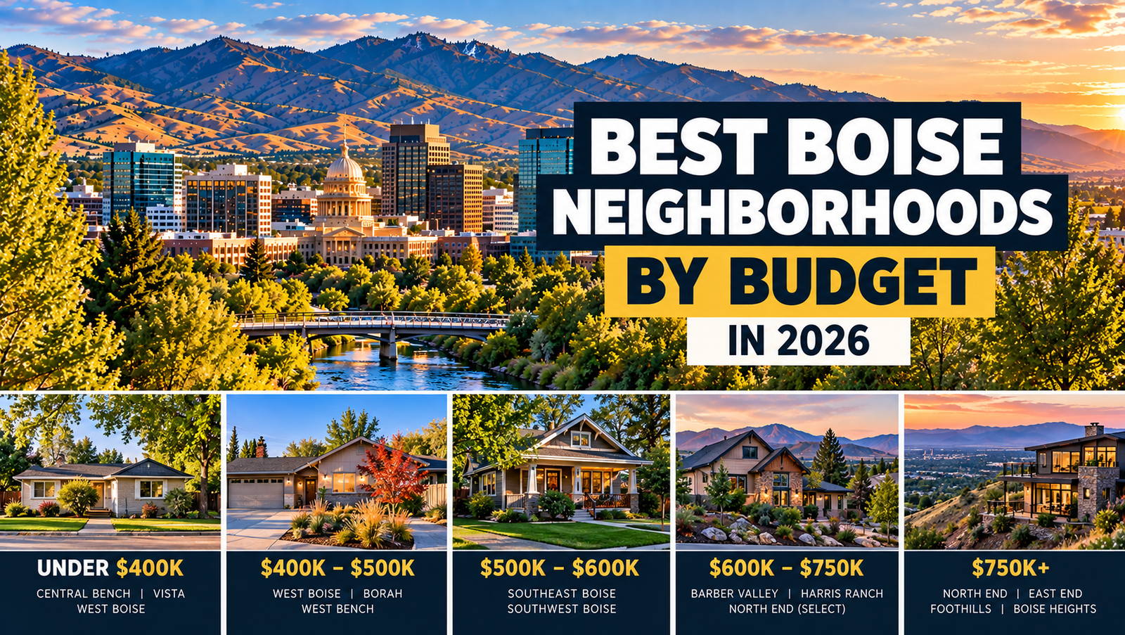 Boise skyline and representative neighborhoods organized by 2026 housing budget ranges.