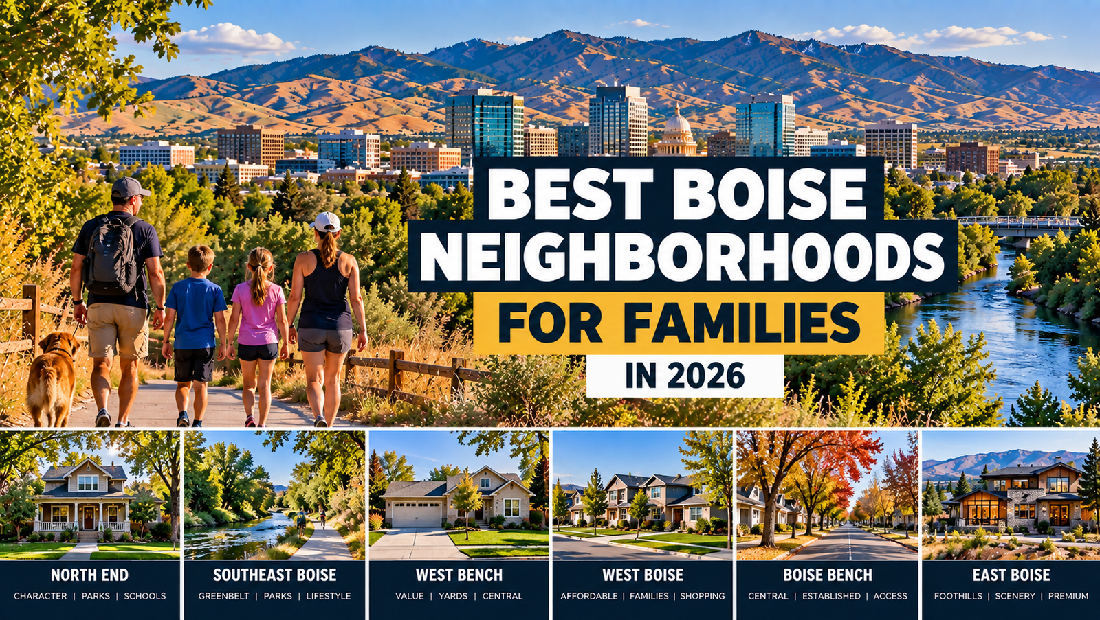 Boise skyline, river and foothills with a family and neighborhood examples from North End, Southeast Boise, West Bench, West Boise, Boise Bench and East Boise.