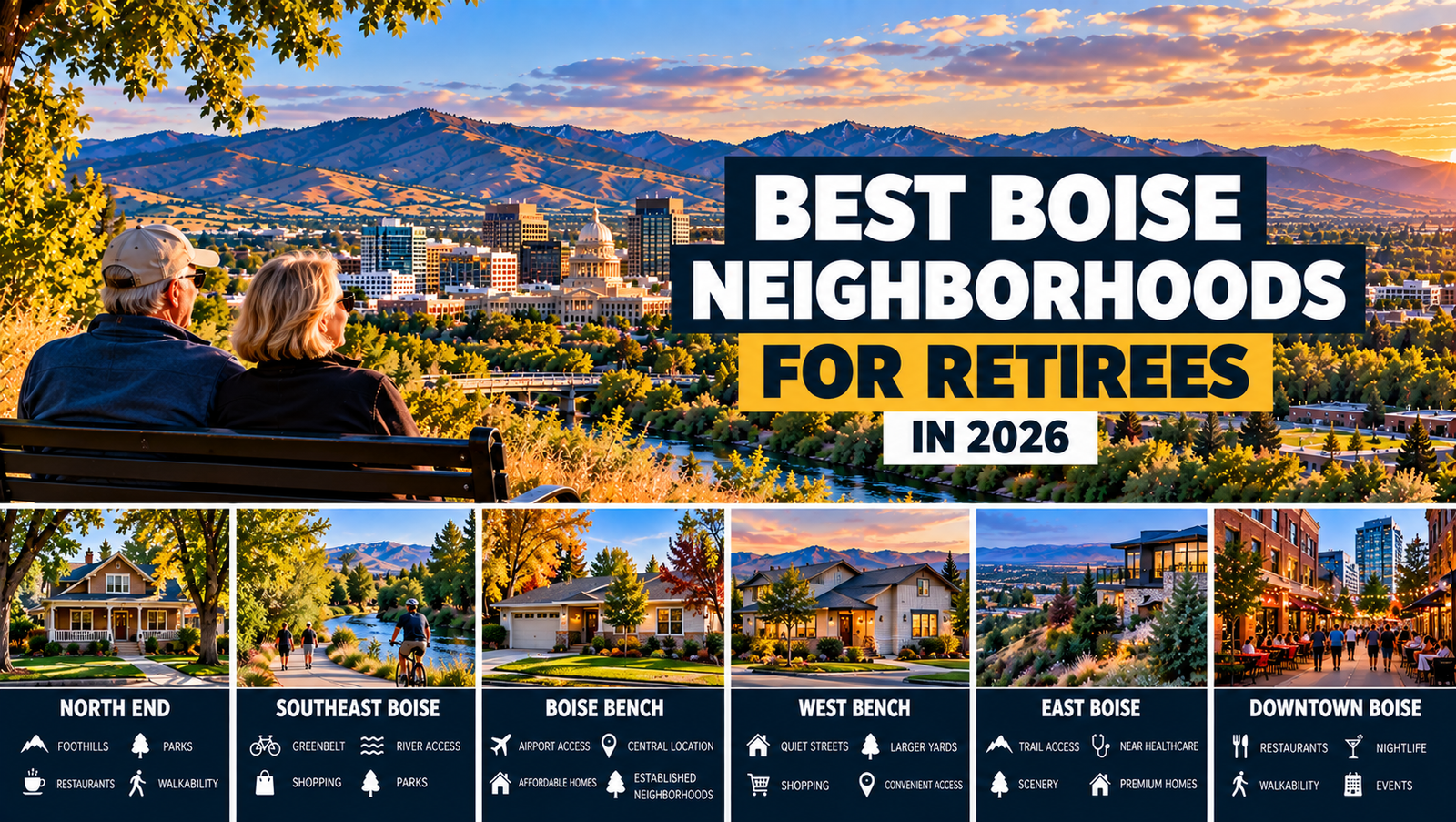 Boise skyline and foothills at sunset with neighborhood highlights for North End, Southeast Boise, Boise Bench, West Bench, East Boise and Downtown Boise.