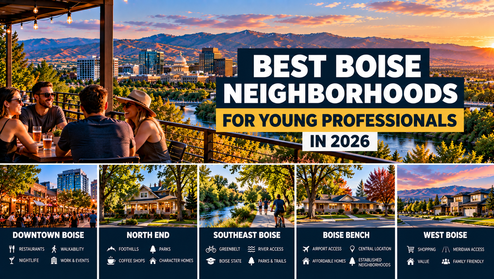 Boise skyline, river and foothills at sunset with neighborhood highlights for Downtown Boise, North End, Southeast Boise, Boise Bench and West Boise.