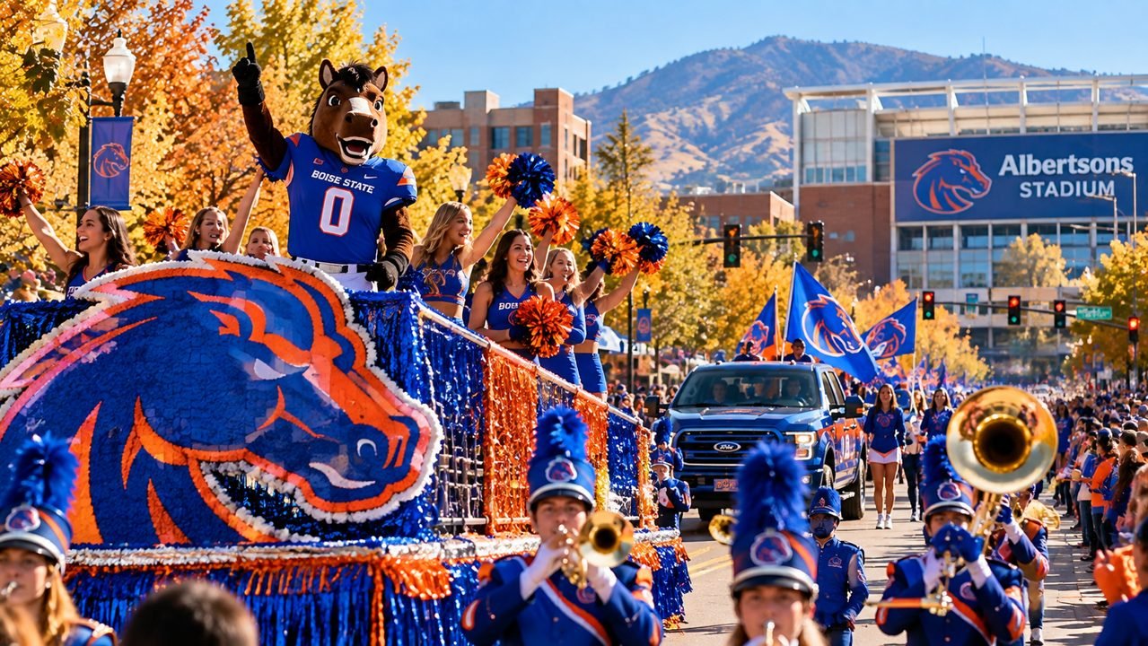Boise State Homecoming parade with blue and orange floats, marching band and fans in Boise, Idaho