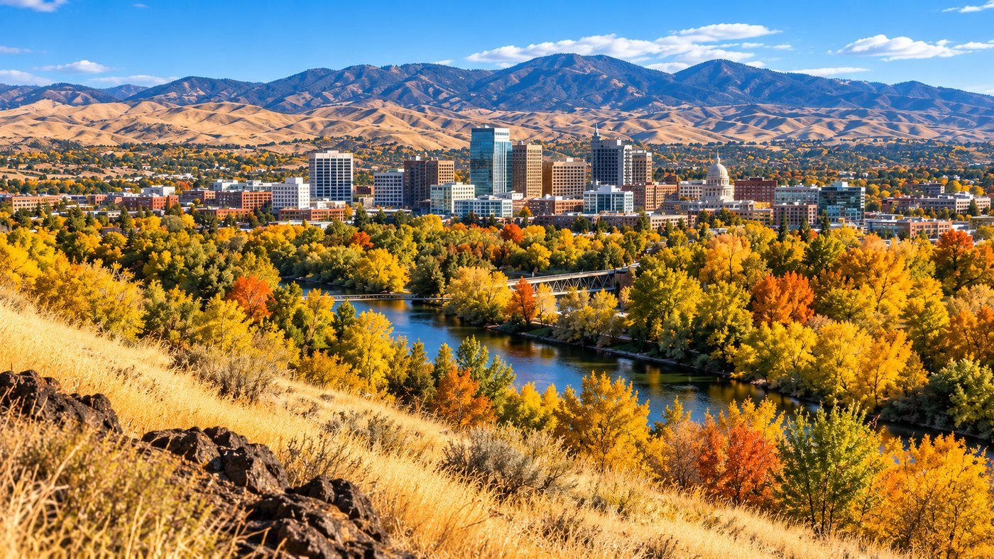 Autumn colors across Boise, Idaho viewed from a foothills overlook on a clear fall afternoon.