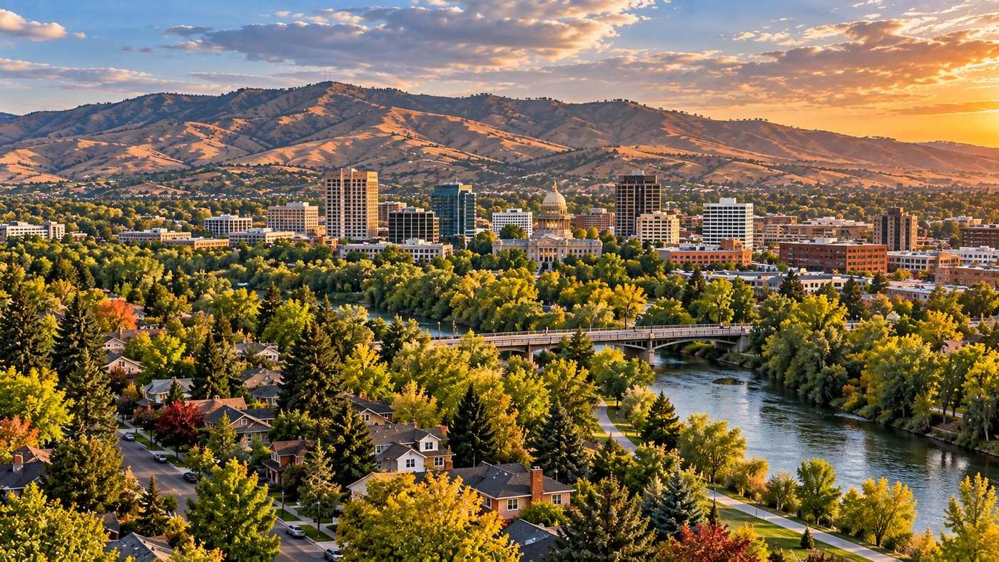 Panoramic view of Boise neighborhoods, downtown skyline, Boise River and foothills in Idaho.
