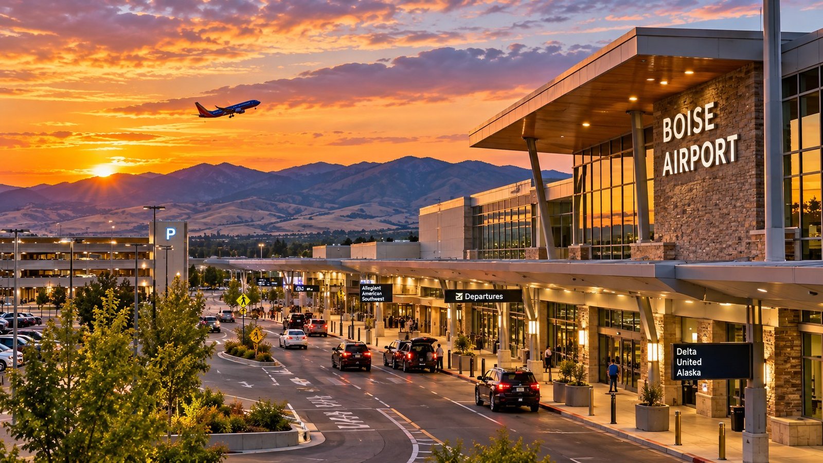 Boise Airport terminal and departure area in Boise, Idaho at sunset.