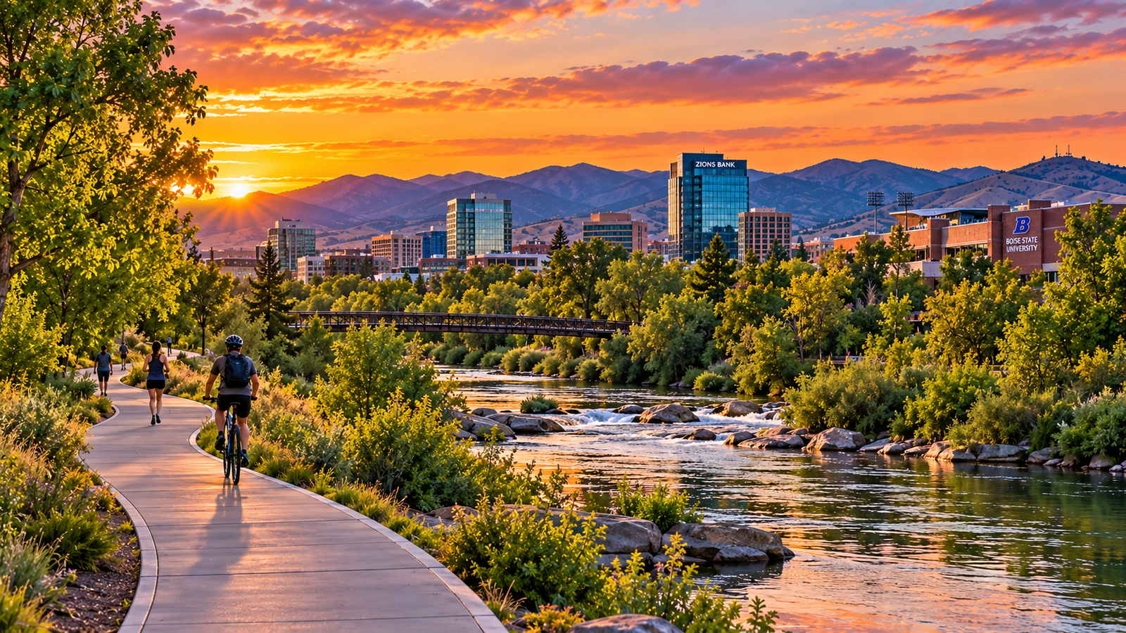Boise River Greenbelt with cyclists, downtown Boise and the foothills at sunset.