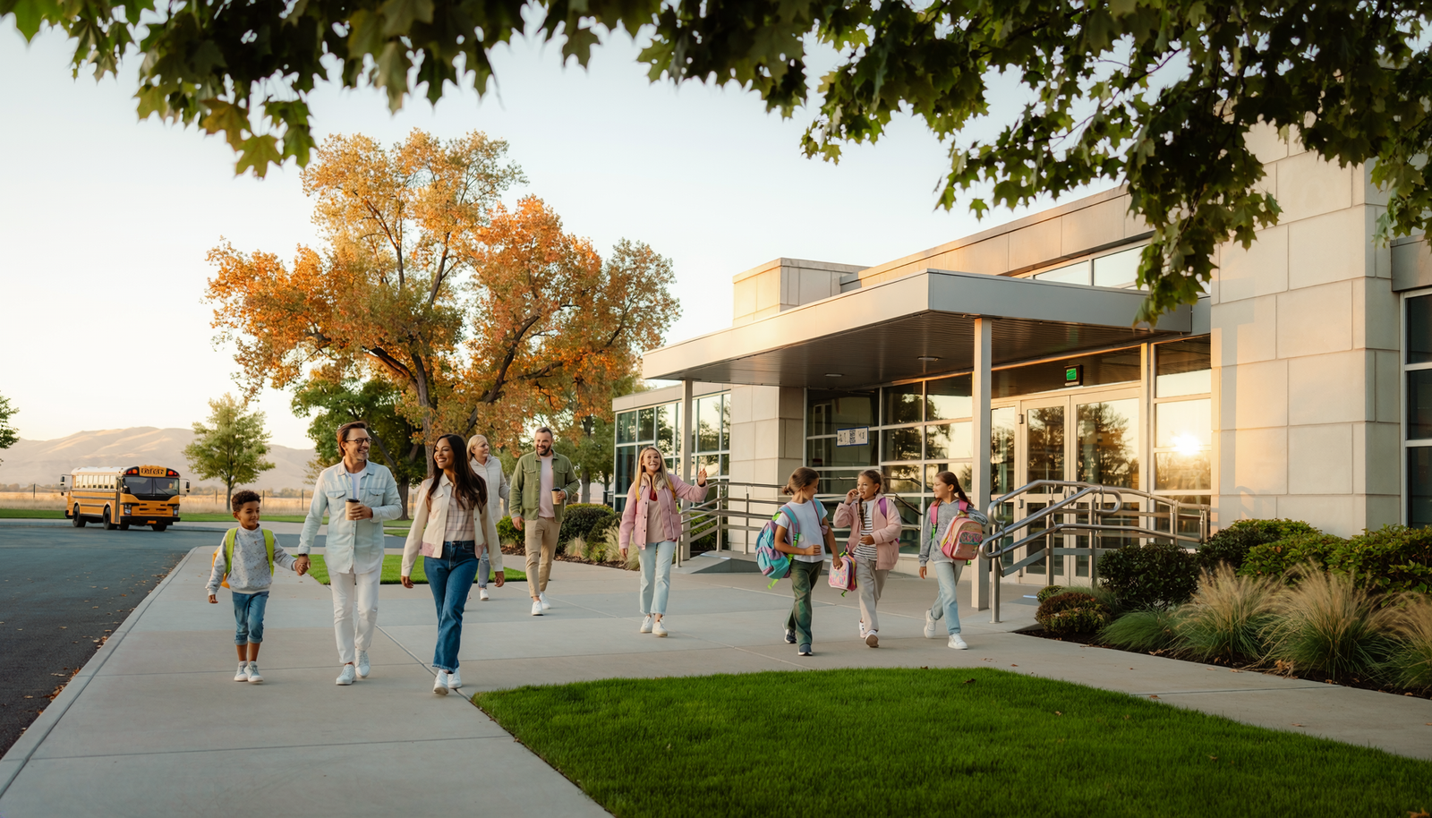 Families arriving at a Boise-area public school with the Boise foothills in the background.