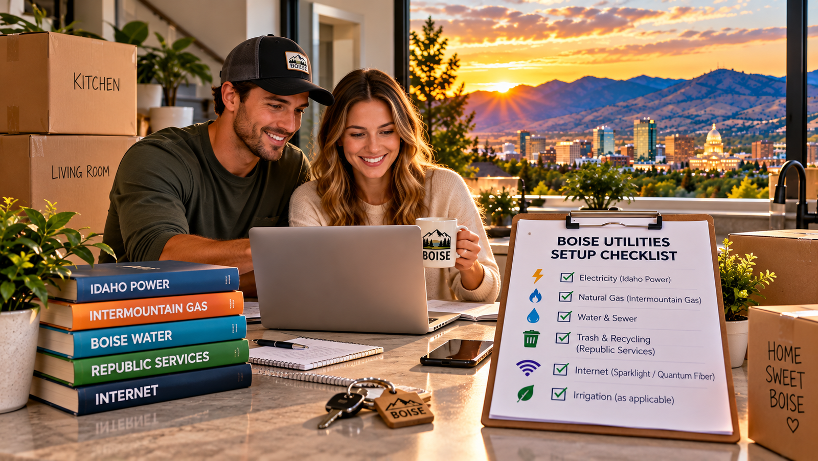 Couple setting up Boise utilities in a new home with the Boise skyline and foothills in the background.