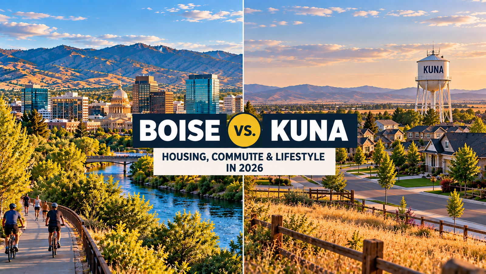Split view comparing downtown Boise and a newer Kuna neighborhood with open Treasure Valley scenery at sunset.