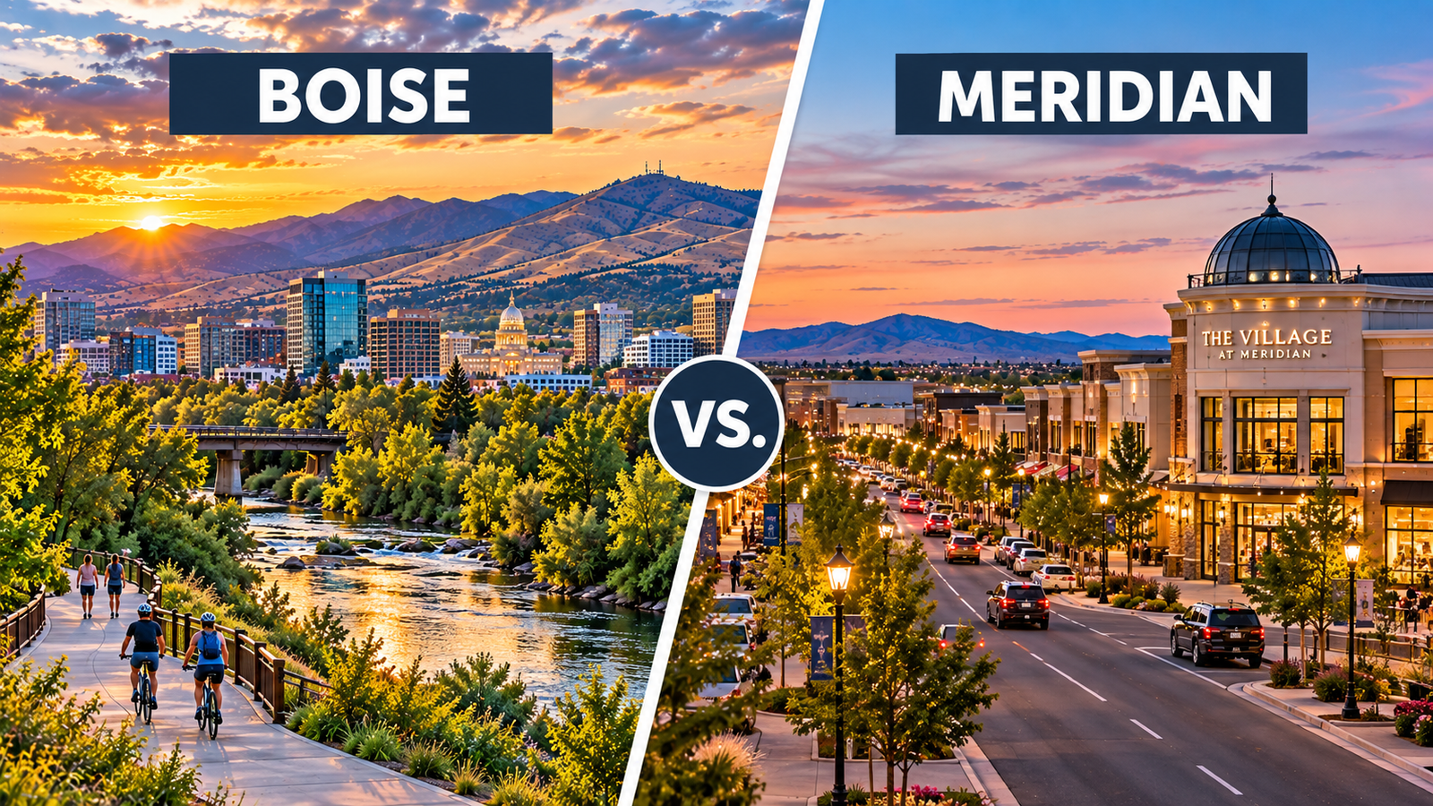 Split view comparing downtown Boise and The Village at Meridian at sunset.