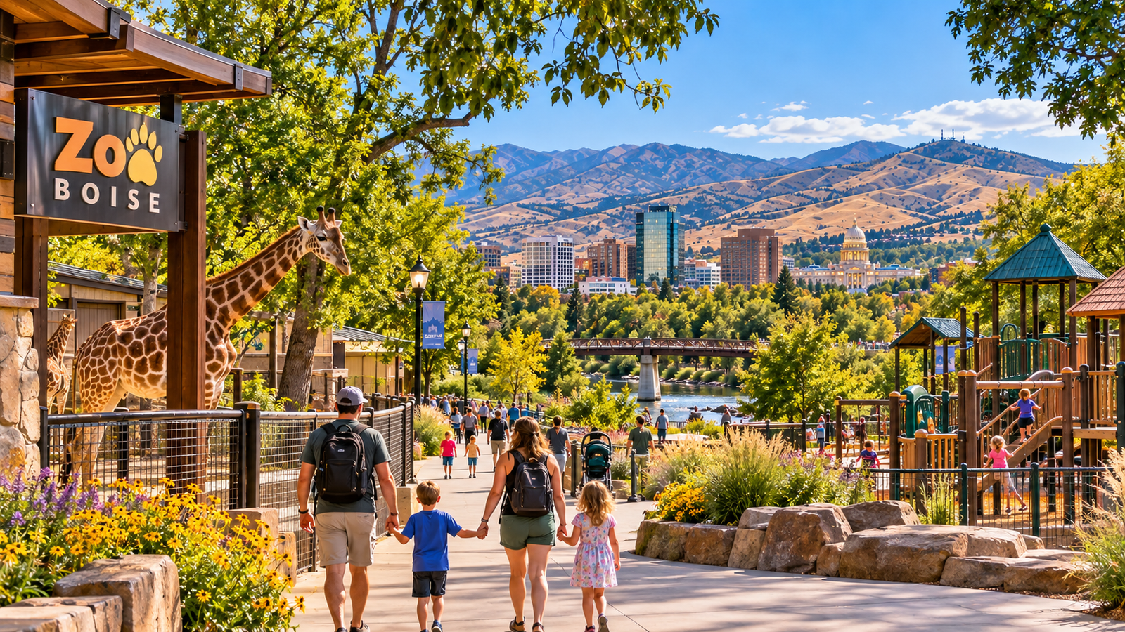 Family exploring Zoo Boise with the Boise skyline, river and foothills in the background.