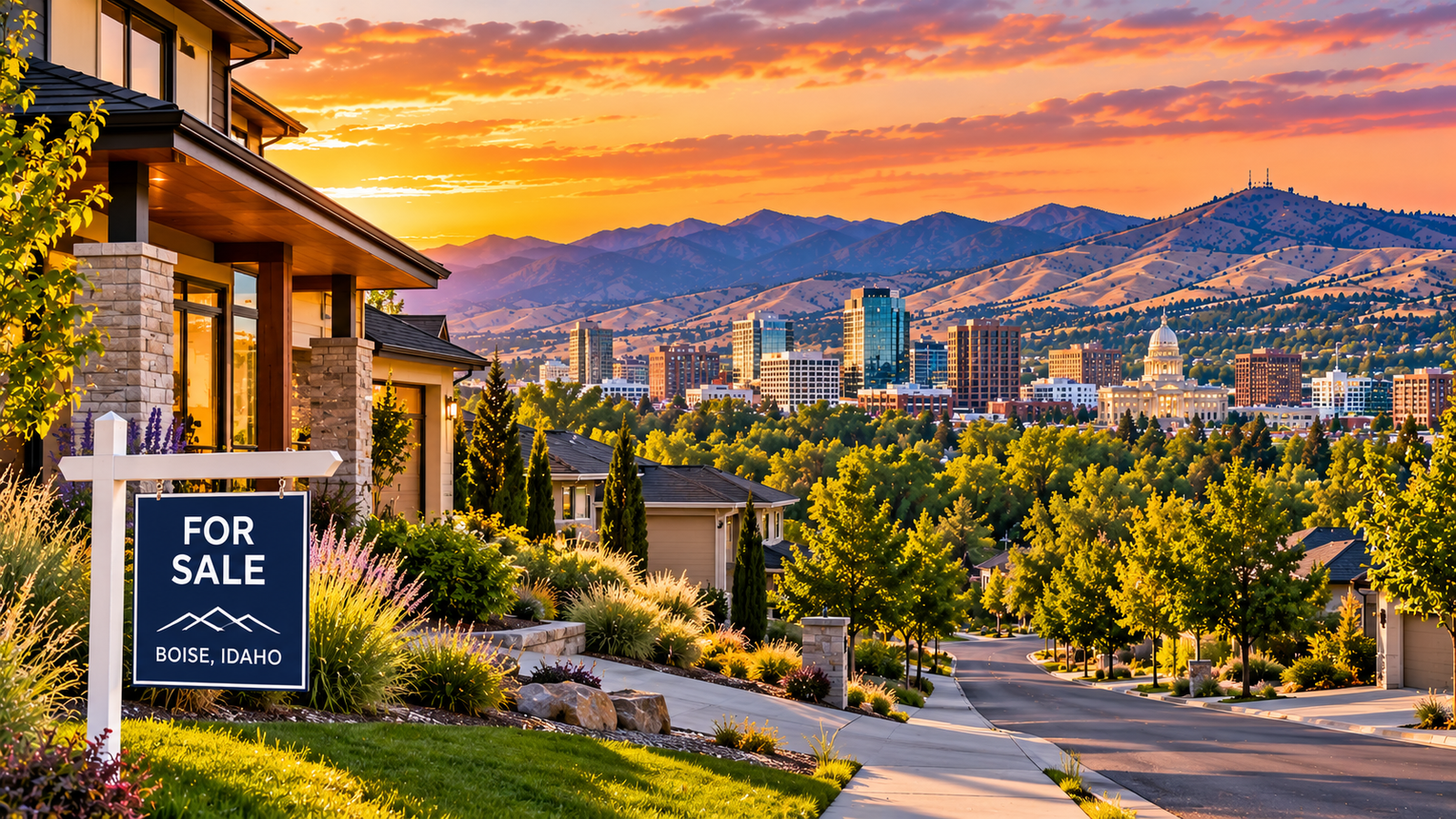 Boise home for sale overlooking downtown Boise and the foothills at sunset.