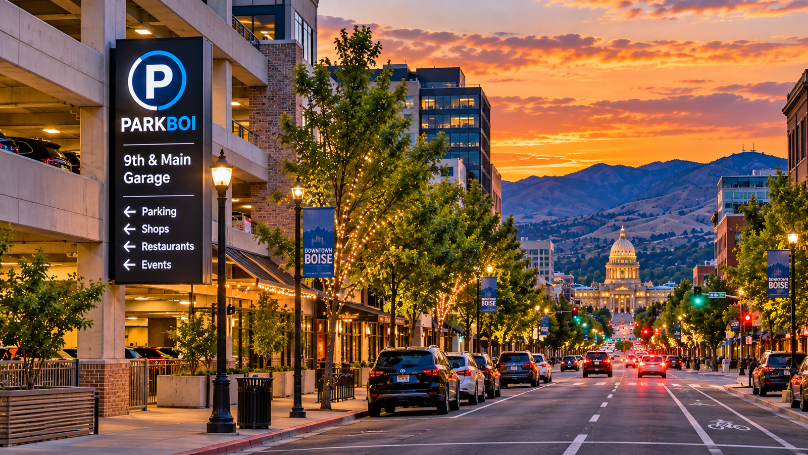 Downtown Boise parking garage and city street with the Idaho State Capitol and foothills at sunset.