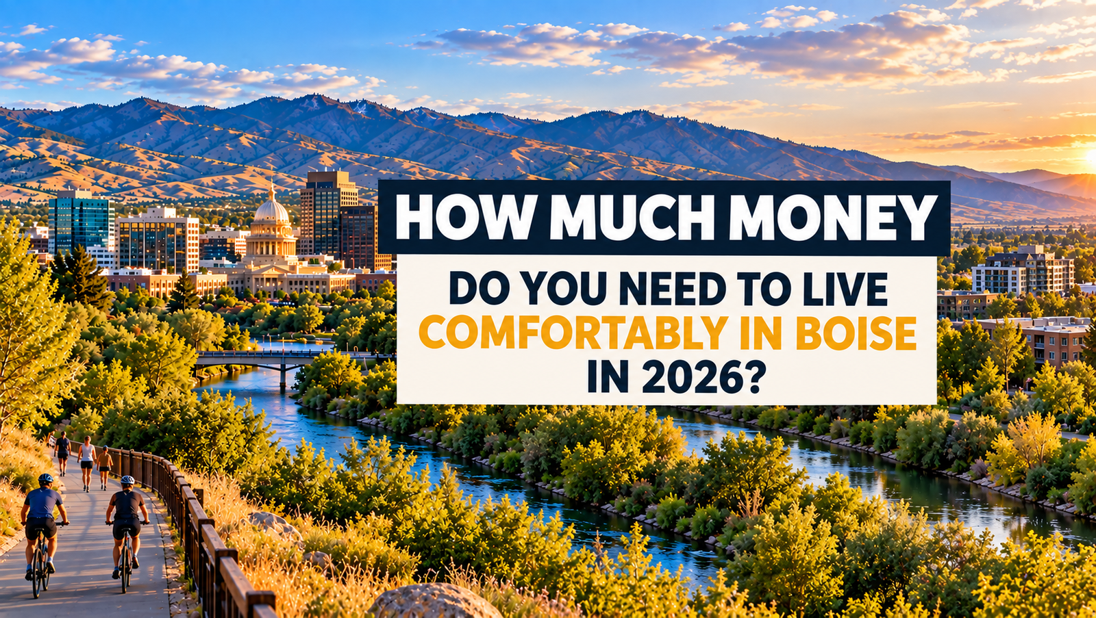 Boise skyline, river and foothills with a cost-of-living headline asking how much income is needed to live comfortably in 2026.