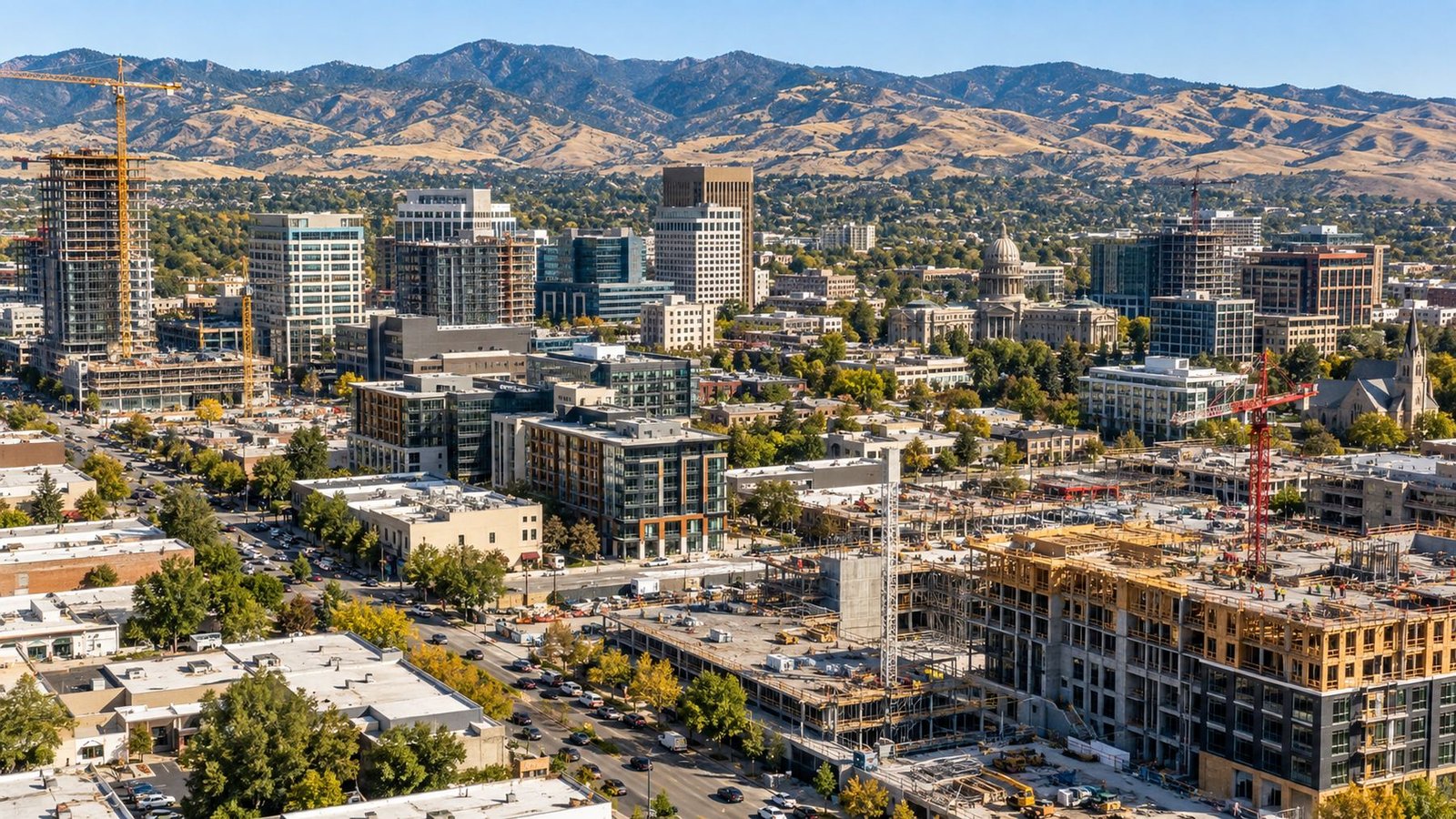 Construction cranes and new development across Boise, Idaho with downtown and the foothills in the background.
