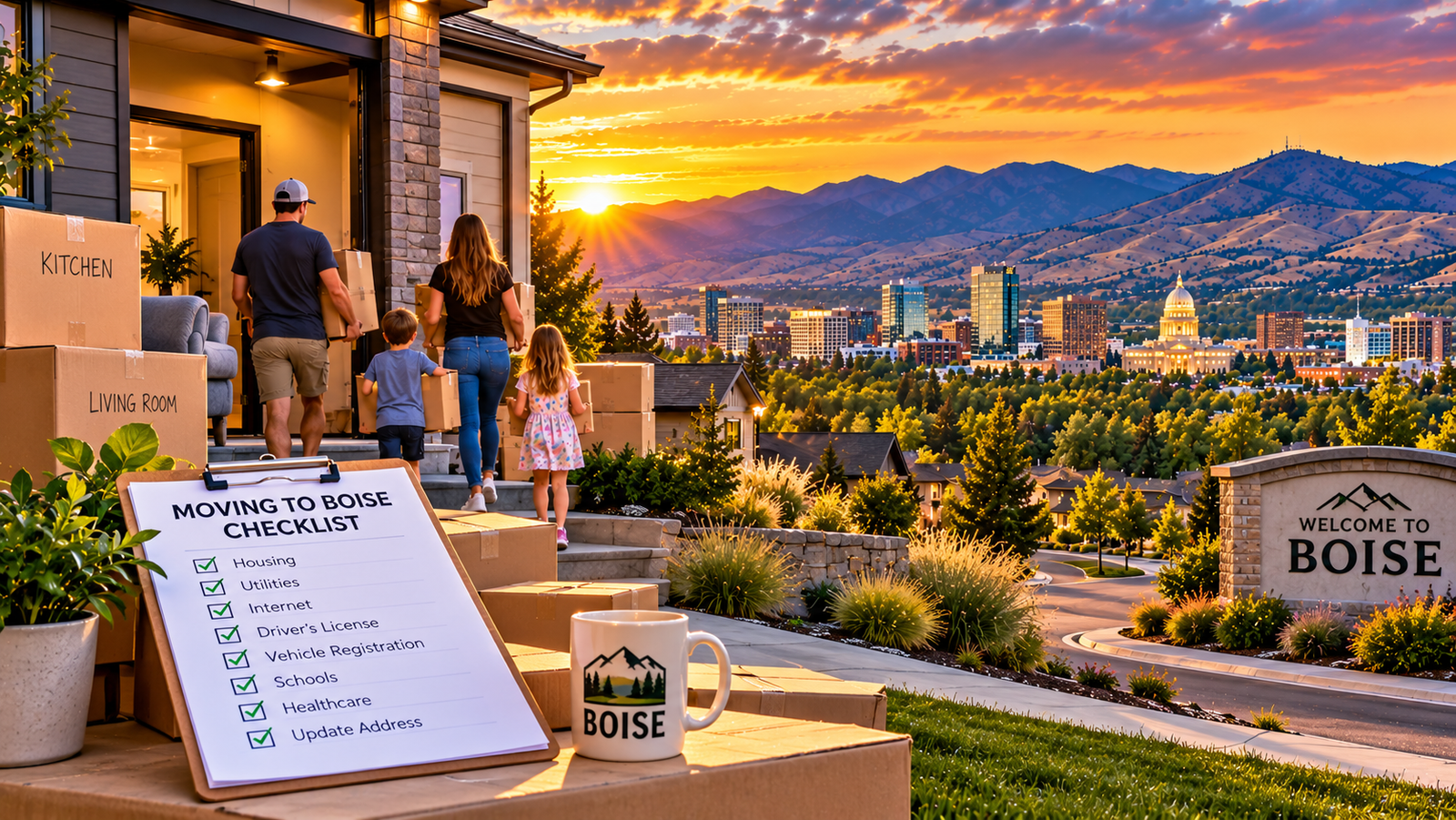 Family moving into a Boise home with a relocation checklist and downtown Boise in the background.