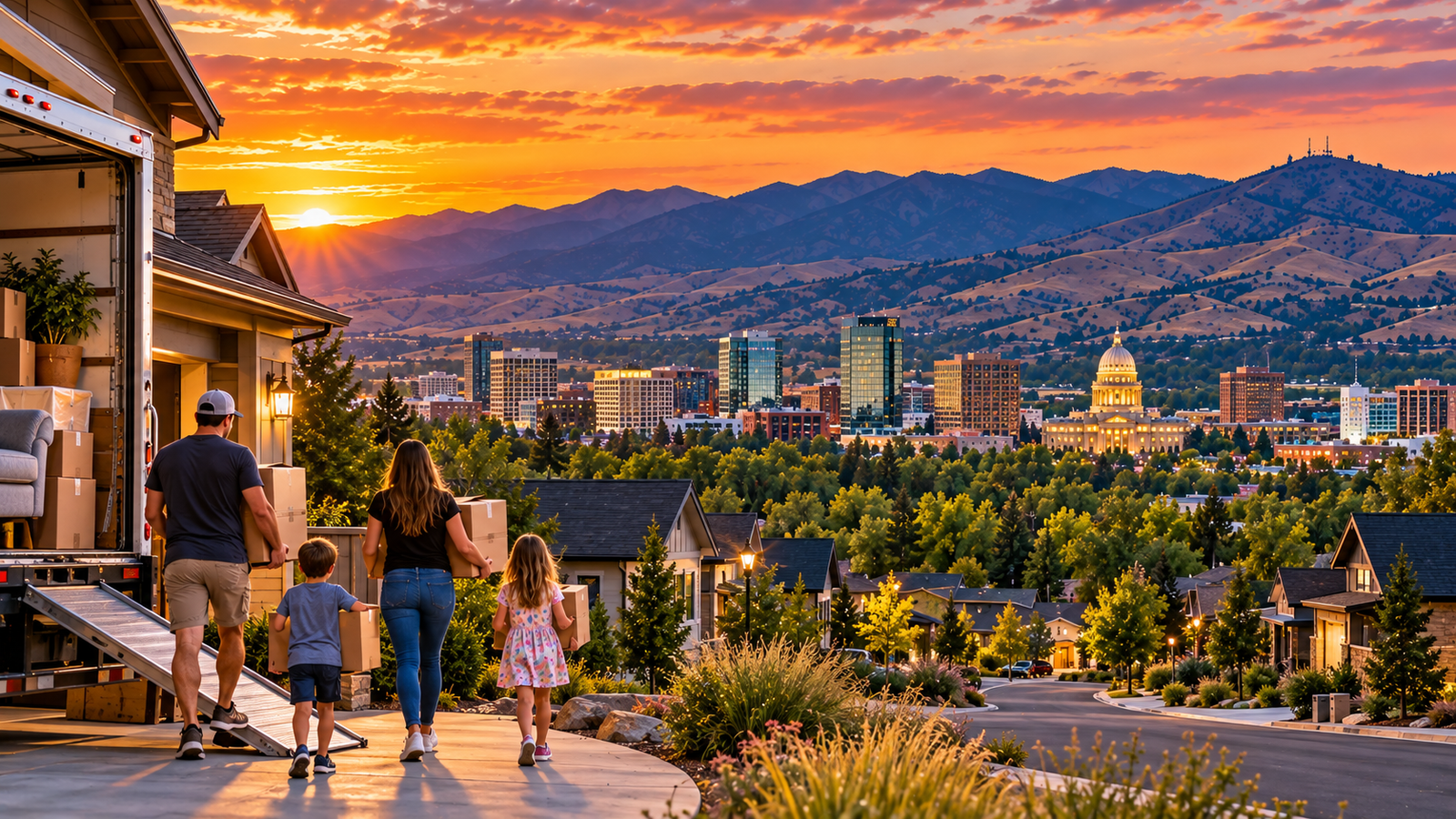Family moving into a Boise neighborhood with downtown Boise and the foothills in the background at sunset.