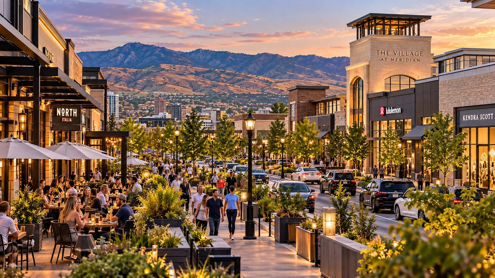 New restaurants, shops and outdoor dining in the Boise and Meridian area with Idaho foothills in the distance.