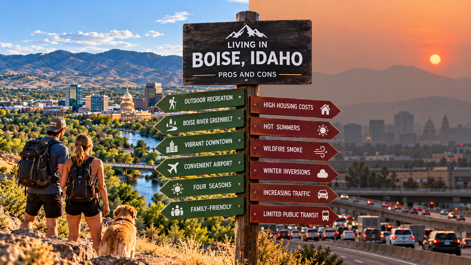 Split view showing Boise outdoor recreation and city life on one side and traffic, smoke and housing tradeoffs on the other.