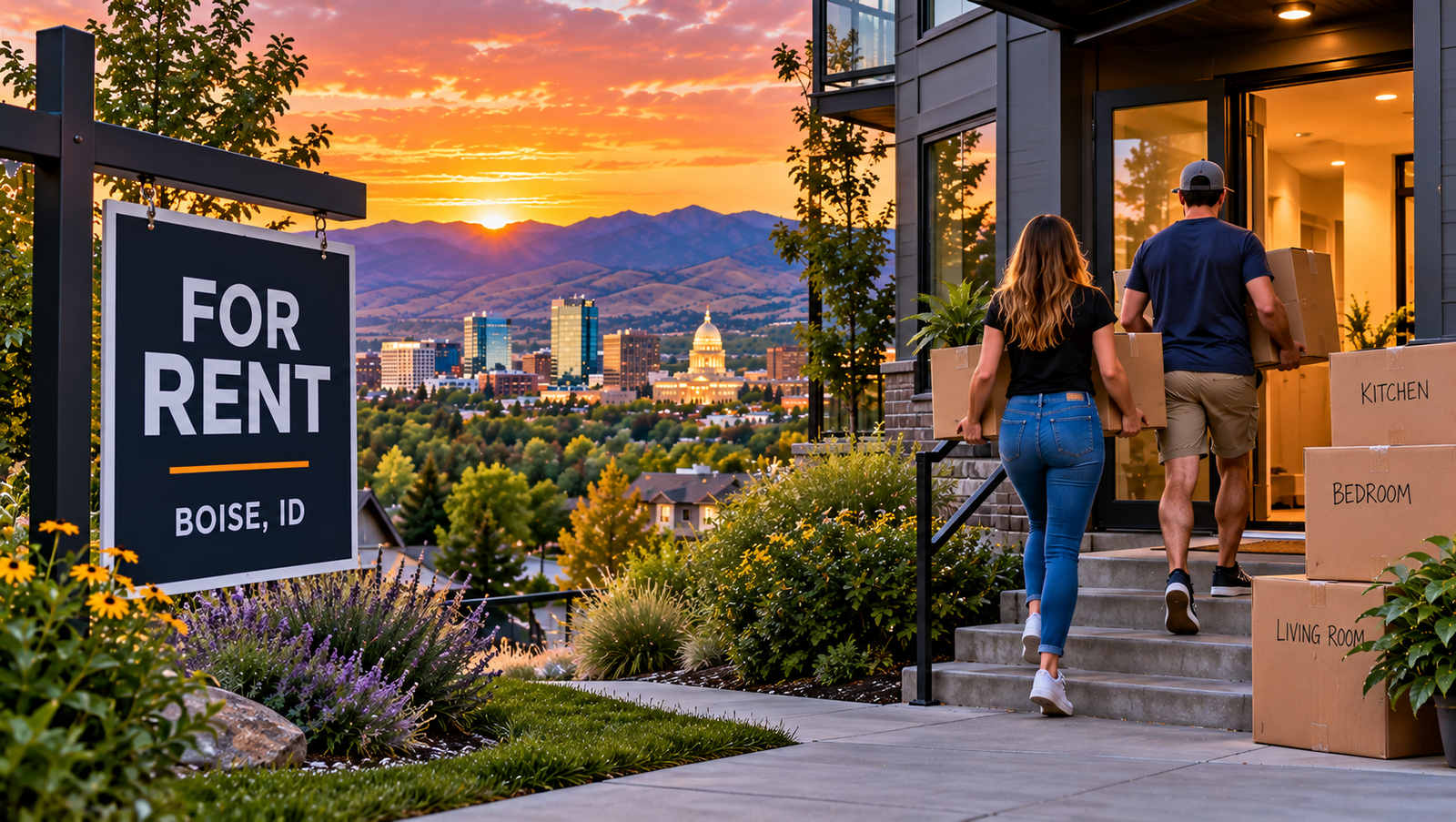 Couple moving into a Boise rental home with a for-rent sign and downtown Boise in the background.