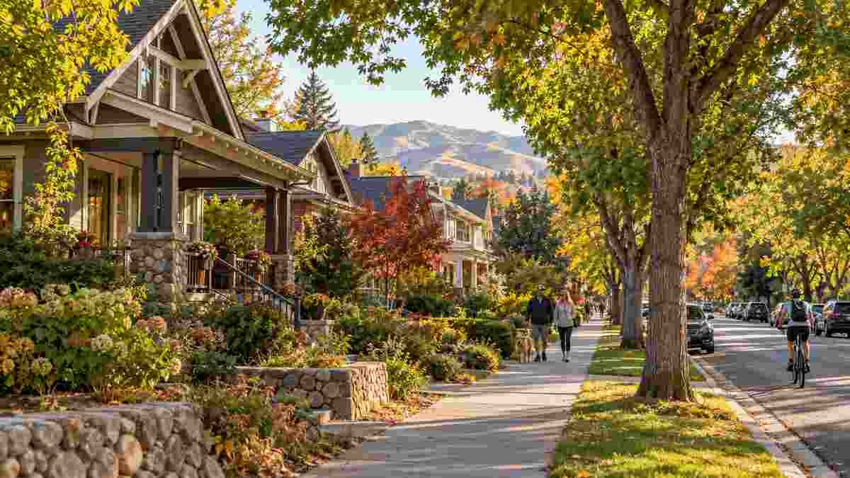Tree-lined residential street with historic Craftsman homes in Boise's North End near the foothills.