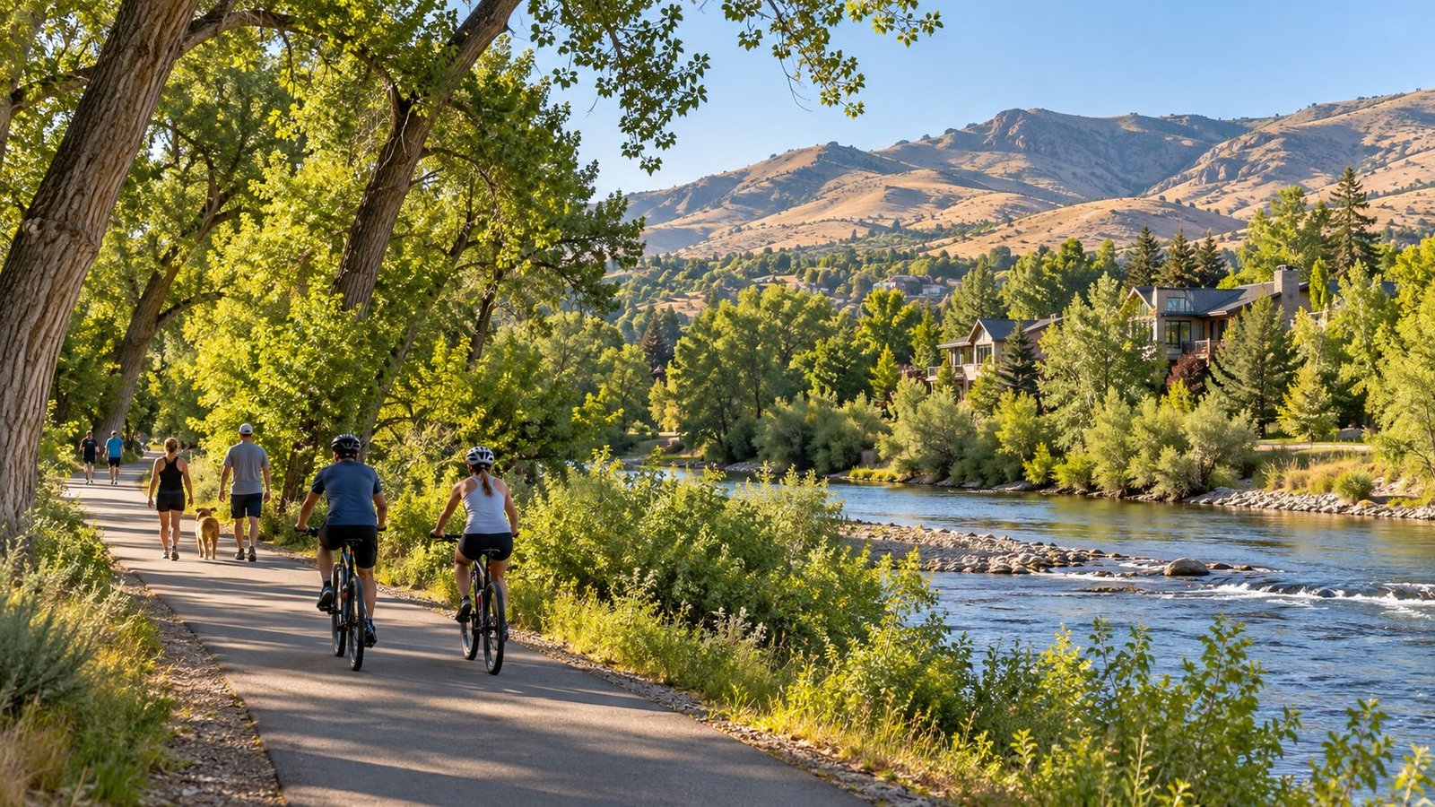 Cyclists on the Boise River Greenbelt in Southeast Boise with the river, mature trees, neighborhoods and foothills in the distance.