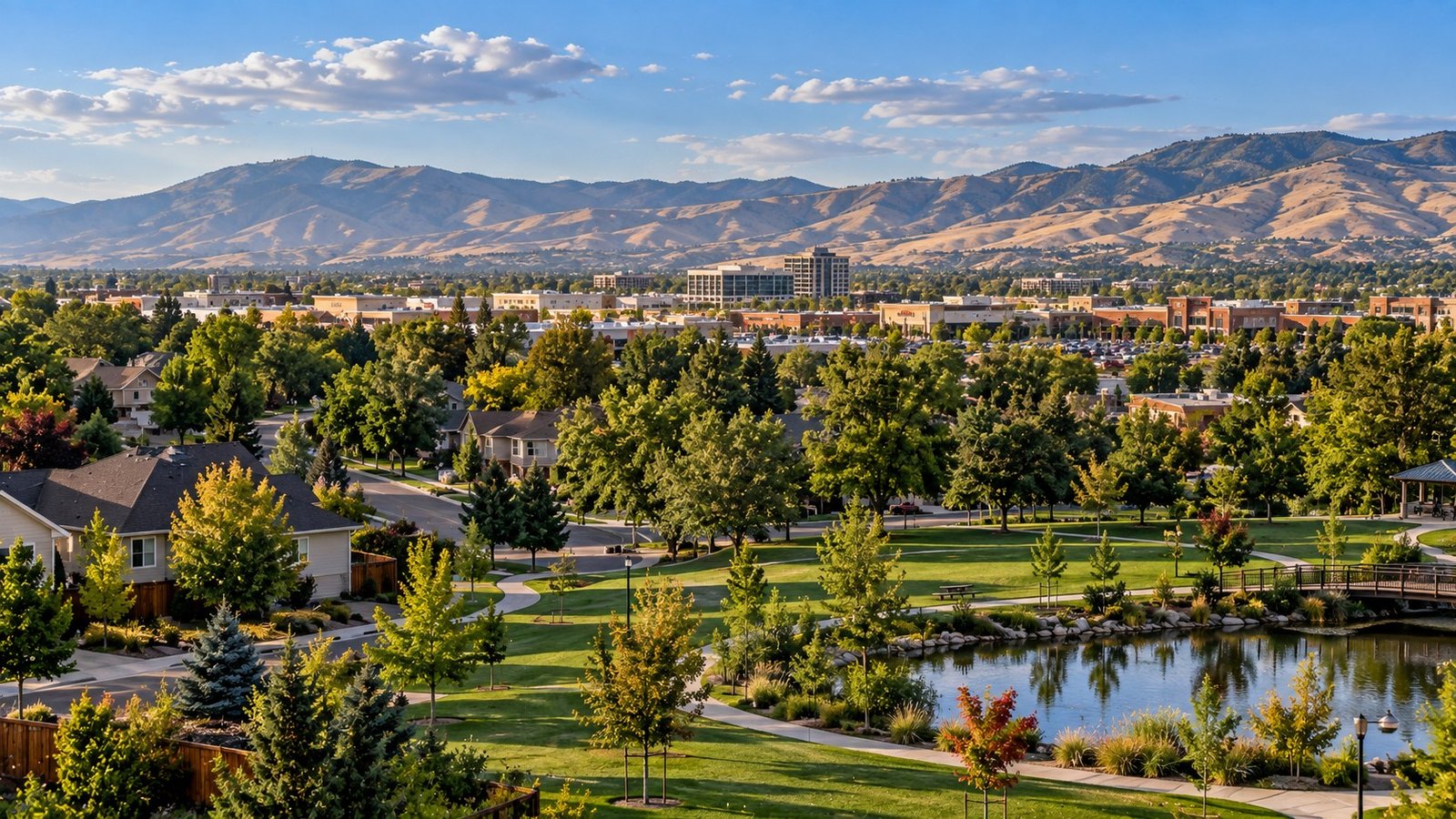 Established West Boise neighborhood with mature trees, a park, homes and the Boise foothills in the distance.