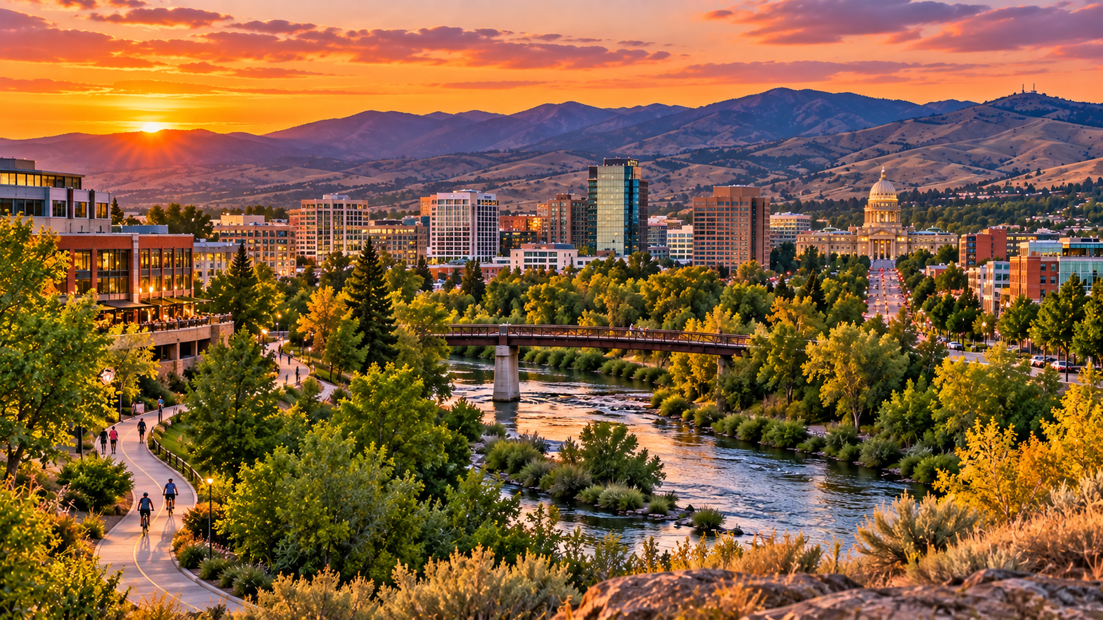 Downtown Boise, the Boise River Greenbelt and foothills at sunset.