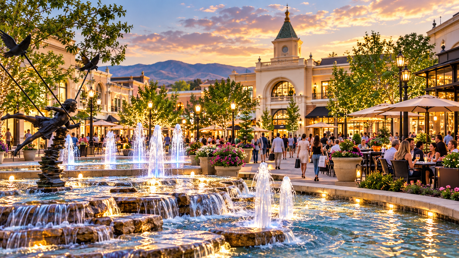 The Village at Meridian outdoor shopping and restaurant district in Meridian, Idaho.